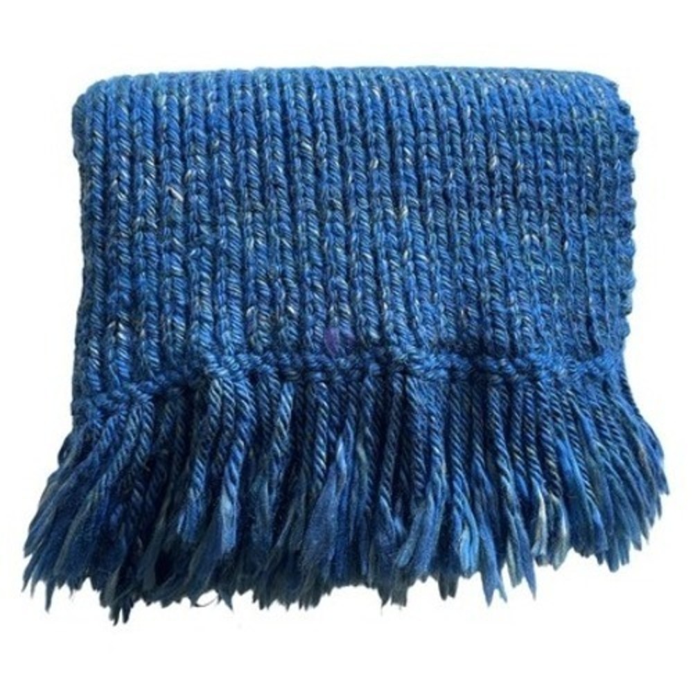 Handmade Chunky Knit Scarf Unisex OS Blue Marl Excellent Ribbed Fringe Cozy